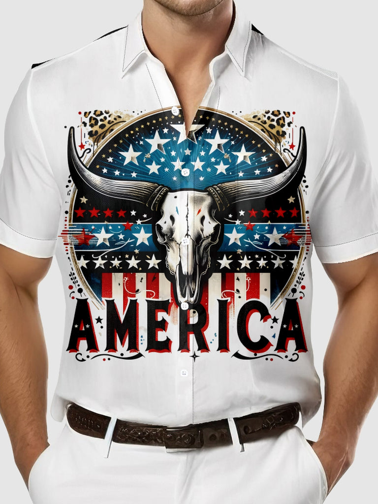 Men's USA Flag Buffalo Skull America Short Sleeve Shirt, mens short sleeve shirts£¬big and tall mens shirts£¬short sleeve shirts for men£¬mens 4xl shirts£¬casual short sleeve shirts