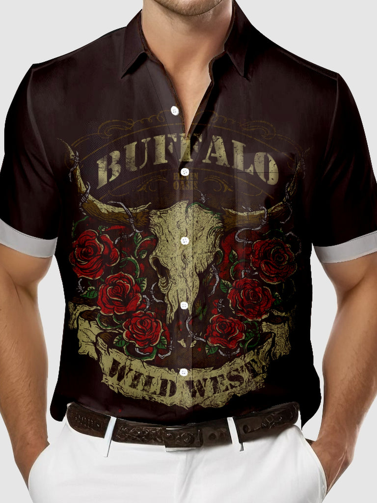 Men's Wild West Buffalo Skull Short Sleeve Shirt, mens short sleeve shirts£¬big and tall mens shirts£¬short sleeve shirts for men£¬mens 4xl shirts£¬casual short sleeve shirts