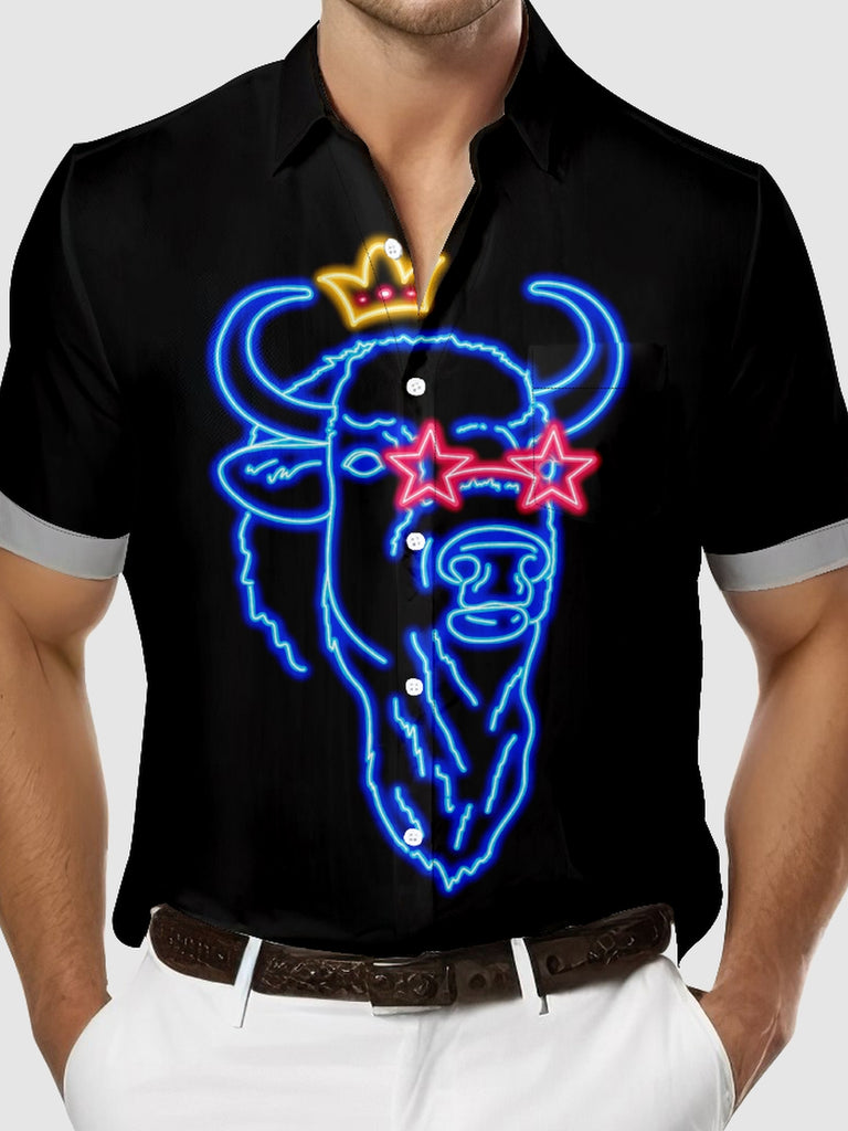 Men's Funny Neon Buffalo Short Sleeve Shirt, mens short sleeve shirts£¬big and tall mens shirts£¬short sleeve shirts for men£¬mens 4xl shirts£¬casual short sleeve shirts