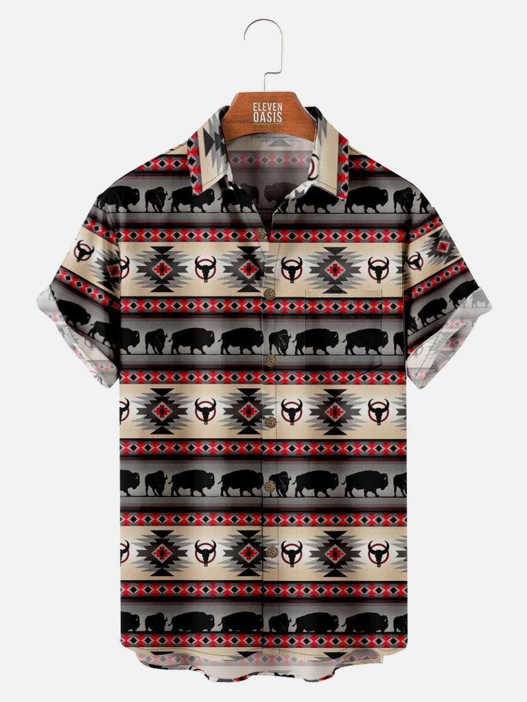 Men's Western Aztec Print Buffalo Short Sleeve Shirt, mens short sleeve shirts£¬big and tall mens shirts£¬short sleeve shirts for men£¬mens 4xl shirts£¬casual short sleeve shirts