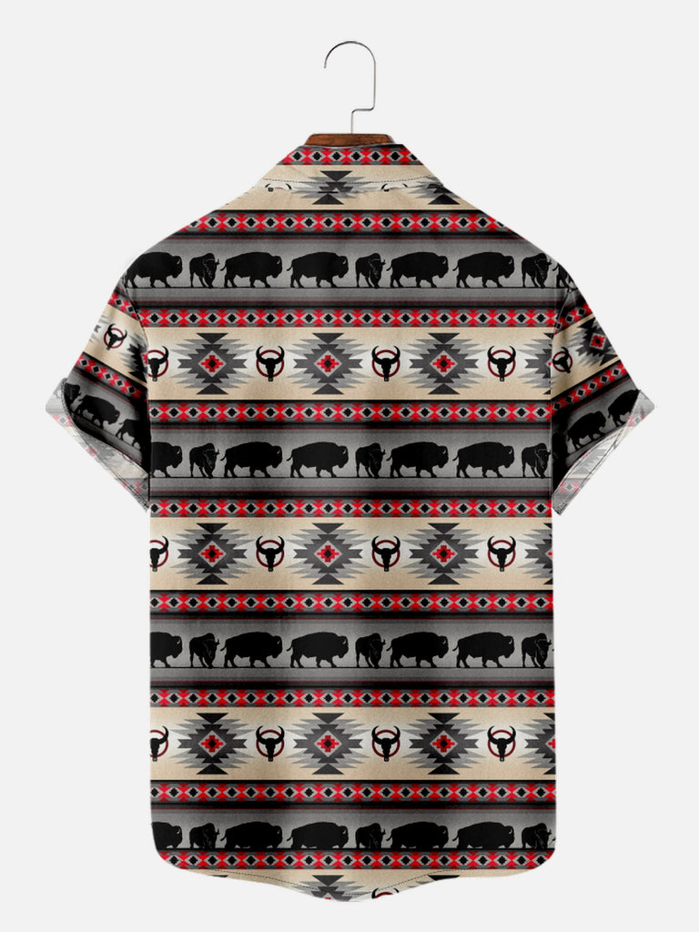 Men's Western Aztec Print Buffalo Short Sleeve Shirt, mens short sleeve shirts£¬big and tall mens shirts£¬short sleeve shirts for men£¬mens 4xl shirts£¬casual short sleeve shirts