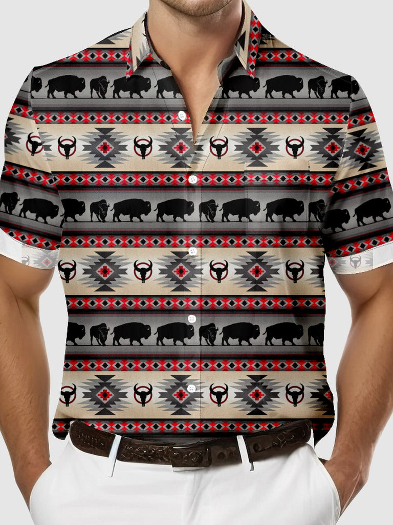 Men's Western Aztec Print Buffalo Short Sleeve Shirt, mens short sleeve shirts£¬big and tall mens shirts£¬short sleeve shirts for men£¬mens 4xl shirts£¬casual short sleeve shirts