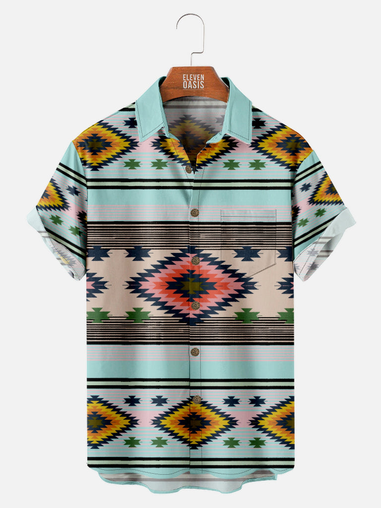 Men's Western Aztec Print Light Blue Short Sleeve Shirt, mens short sleeve shirts¡ê?big and tall mens shirts¡ê?short sleeve shirts for men¡ê?mens 4xl shirts¡ê?casual short sleeve shirts