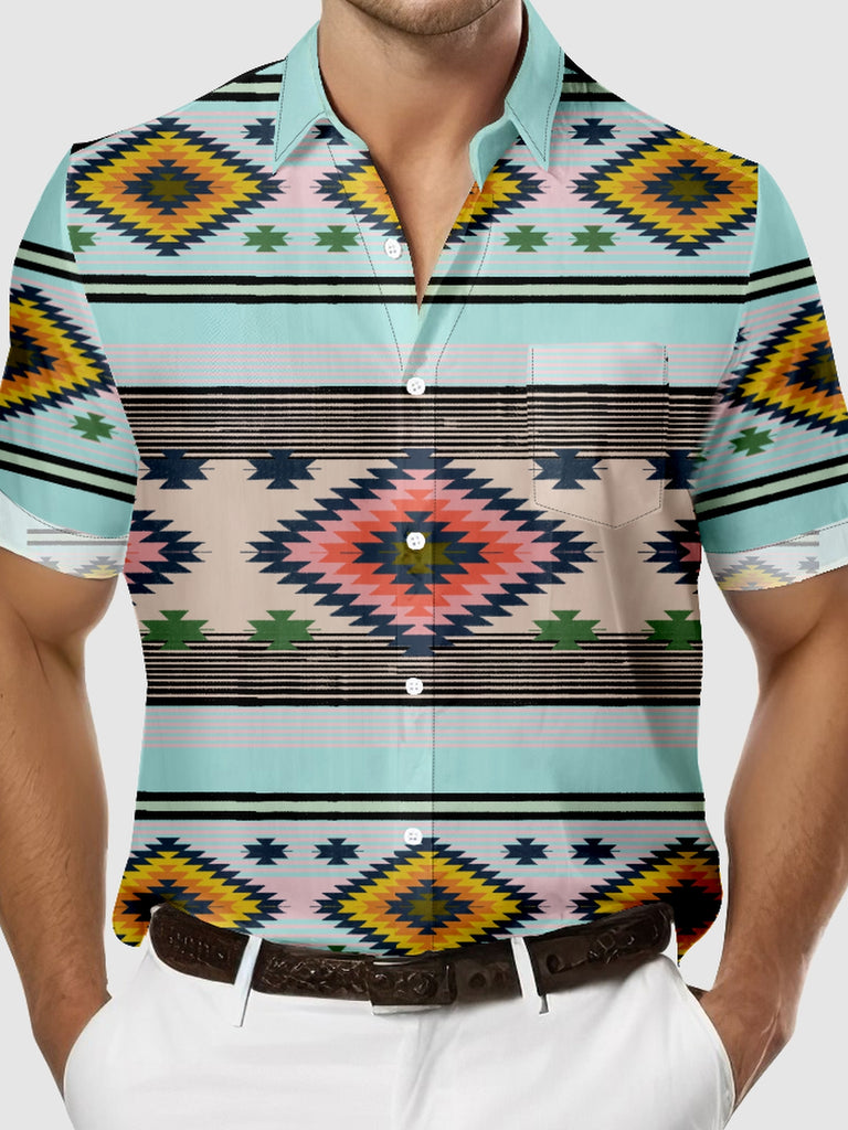 Men's Western Aztec Print Light Blue Short Sleeve Shirt, mens short sleeve shirts£¬big and tall mens shirts£¬short sleeve shirts for men£¬mens 4xl shirts£¬casual short sleeve shirts