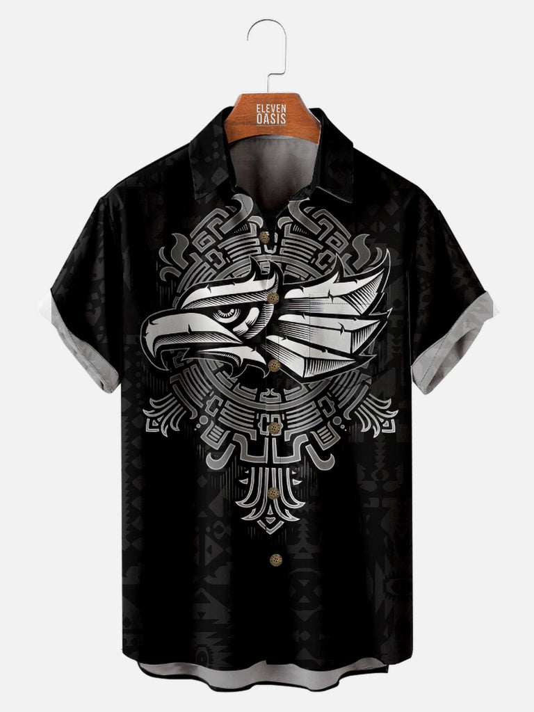 Men's Western Aztec Print Eagle Short Sleeve Shirt, mens short sleeve shirts£¬big and tall mens shirts£¬short sleeve shirts for men£¬mens 4xl shirts£¬casual short sleeve shirts