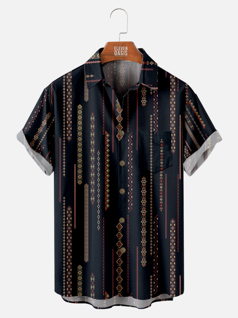 Men's Simple Aztec Print Stripe Design Short Sleeve Shirt, mens short sleeve shirts£¬big and tall mens shirts£¬short sleeve shirts for men£¬mens 4xl shirts£¬casual short sleeve shirts