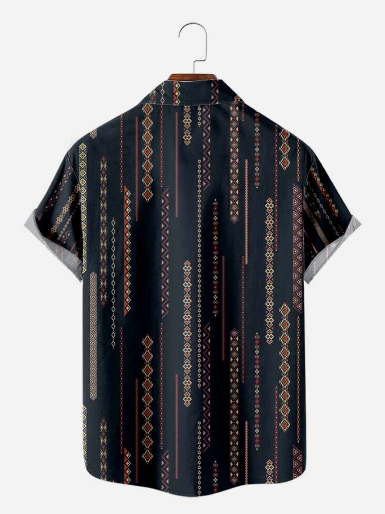 Men's Simple Aztec Print Stripe Design Short Sleeve Shirt, mens short sleeve shirts£¬big and tall mens shirts£¬short sleeve shirts for men£¬mens 4xl shirts£¬casual short sleeve shirts