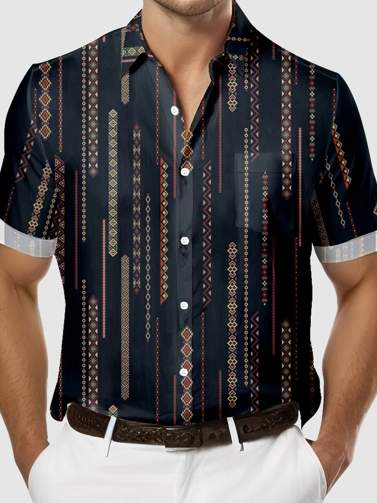 Men's Simple Aztec Print Stripe Design Short Sleeve Shirt, mens short sleeve shirts£¬big and tall mens shirts£¬short sleeve shirts for men£¬mens 4xl shirts£¬casual short sleeve shirts