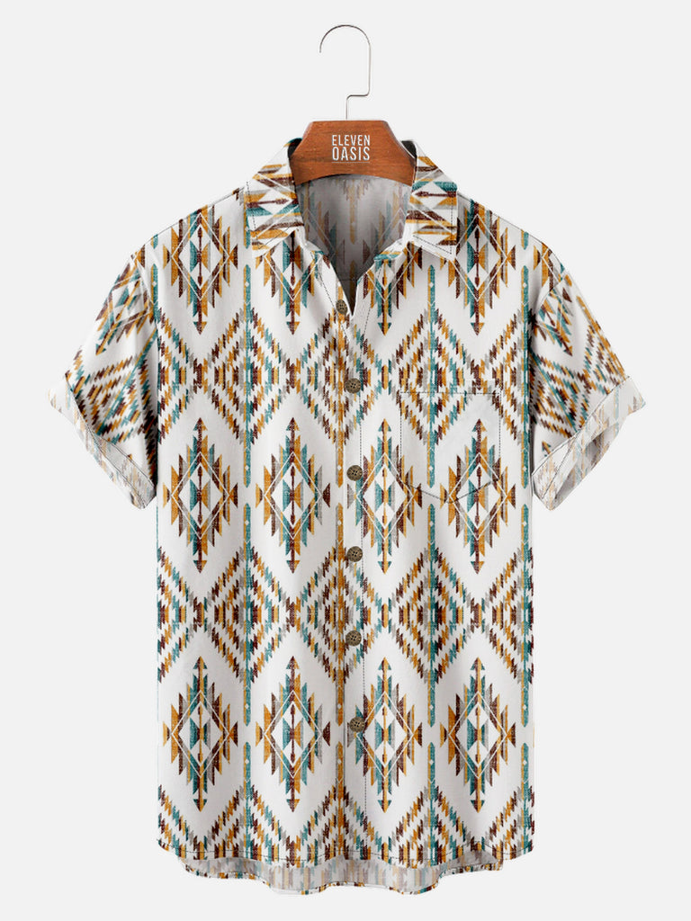 Men's Western Aztec Print Short Sleeve Shirt, mens short sleeve shirts£¬big and tall mens shirts£¬short sleeve shirts for men£¬mens 4xl shirts£¬casual short sleeve shirts