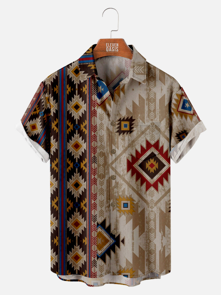 Men's Aztec Print Half and Half Design Short Sleeve Shirt, mens short sleeve shirts£¬big and tall mens shirts£¬short sleeve shirts for men£¬mens 4xl shirts£¬casual short sleeve shirts