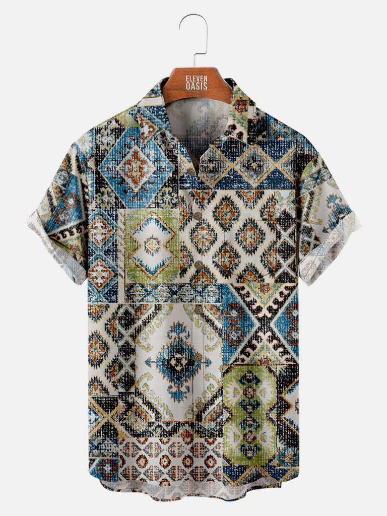 Men's Patchwork Aztec Print Short Sleeve Shirt, mens short sleeve shirts£¬big and tall mens shirts£¬short sleeve shirts for men£¬mens 4xl shirts£¬casual short sleeve shirts