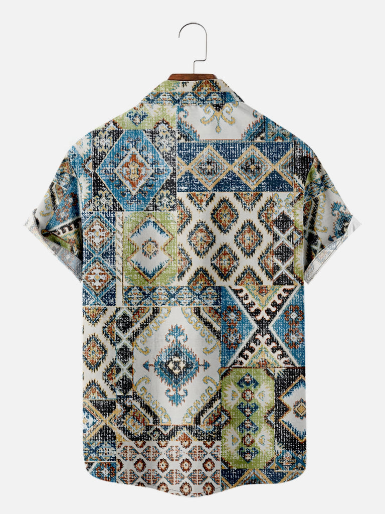 Men's Patchwork Aztec Print Short Sleeve Shirt, mens short sleeve shirts£¬big and tall mens shirts£¬short sleeve shirts for men£¬mens 4xl shirts£¬casual short sleeve shirts