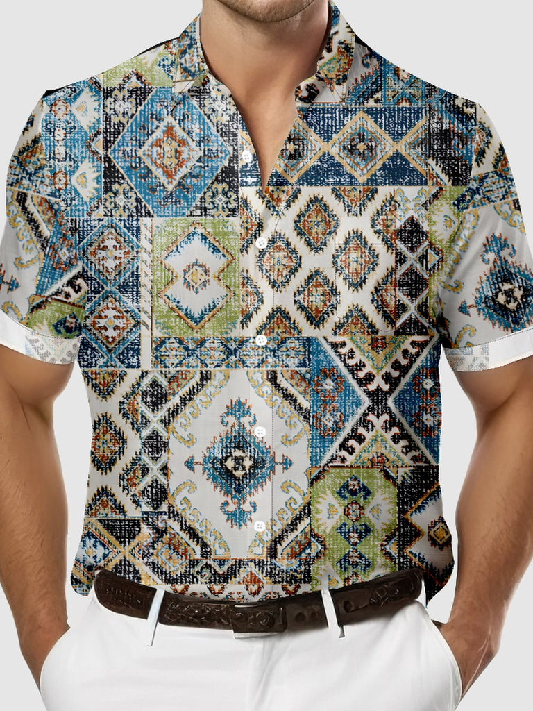 Men's Patchwork Aztec Print Short Sleeve Shirt, mens short sleeve shirts¡ê?big and tall mens shirts¡ê?short sleeve shirts for men¡ê?mens 4xl shirts¡ê?casual short sleeve shirts