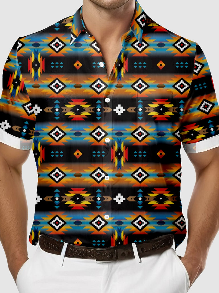 Men's Bright Western Aztec Print Short Sleeve Shirt, mens short sleeve shirts£¬big and tall mens shirts£¬short sleeve shirts for men£¬mens 4xl shirts£¬casual short sleeve shirts