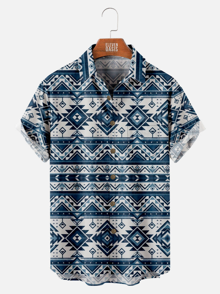 Men's Blue Western Aztec Print Short Sleeve Shirt, mens short sleeve shirts¡ê?big and tall mens shirts¡ê?short sleeve shirts for men¡ê?mens 4xl shirts¡ê?casual short sleeve shirts