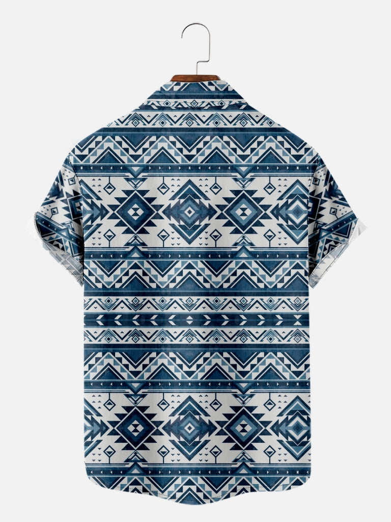 Men's Blue Western Aztec Print Short Sleeve Shirt, mens short sleeve shirts£¬big and tall mens shirts£¬short sleeve shirts for men£¬mens 4xl shirts£¬casual short sleeve shirts