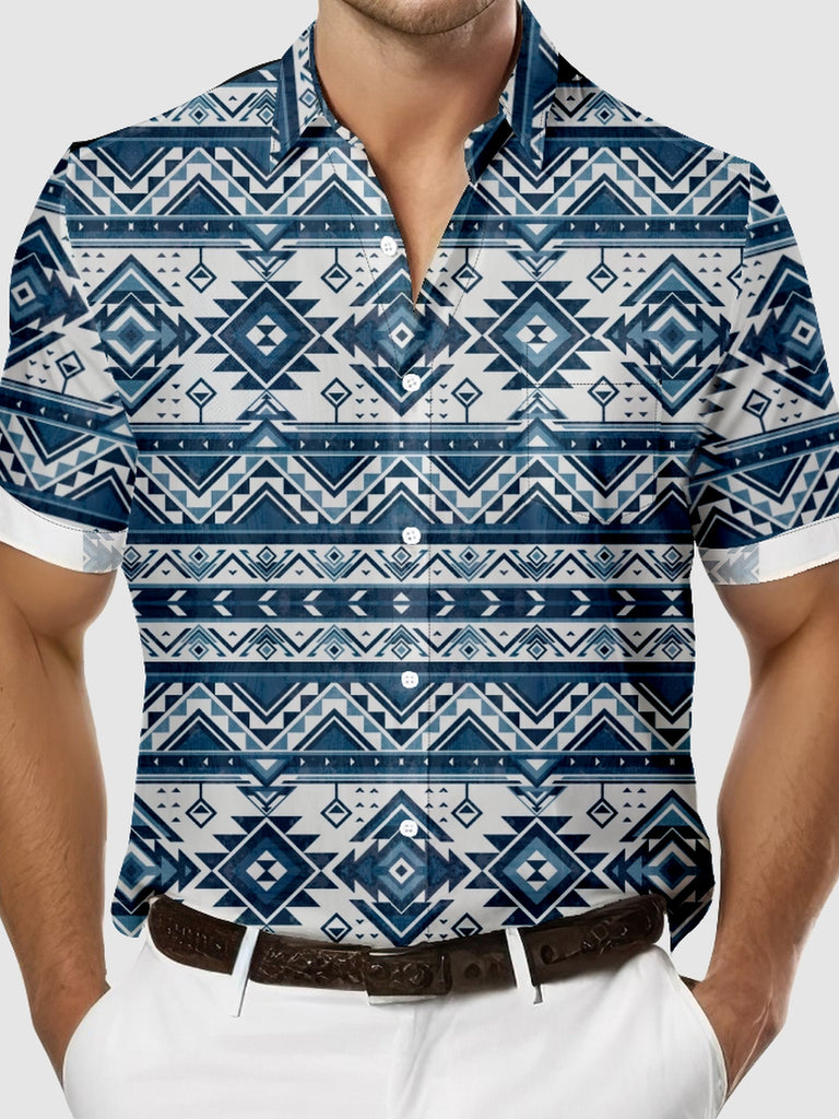 Men's Blue Western Aztec Print Short Sleeve Shirt, mens short sleeve shirts¡ê?big and tall mens shirts¡ê?short sleeve shirts for men¡ê?mens 4xl shirts¡ê?casual short sleeve shirts