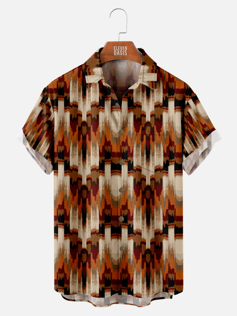 Men's Western Aztec Print Fall Hues Short Sleeve Shirt, mens short sleeve shirts£¬big and tall mens shirts£¬short sleeve shirts for men£¬mens 4xl shirts£¬casual short sleeve shirts