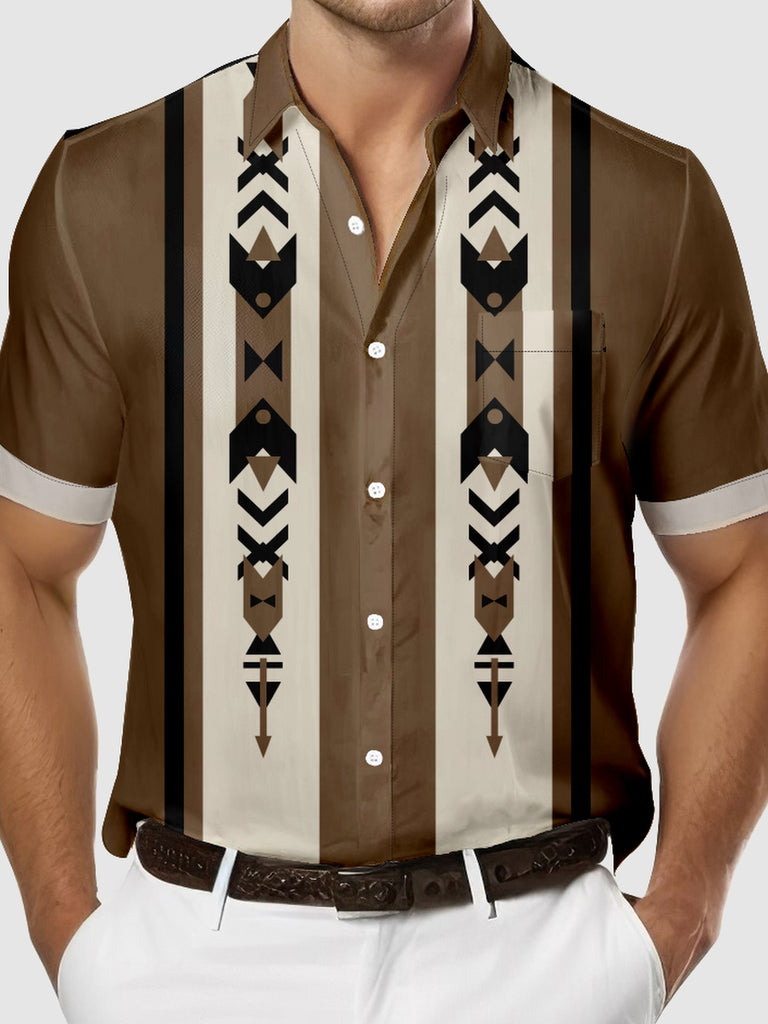 Men's Simple Aztec Print Striped Short Sleeve Shirt, mens short sleeve shirts£¬big and tall mens shirts£¬short sleeve shirts for men£¬mens 4xl shirts£¬casual short sleeve shirts