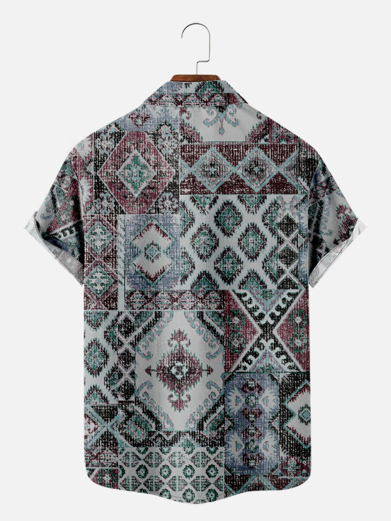 Men's Patchwork Aztec Print Short Sleeve Shirt, mens short sleeve shirts£¬big and tall mens shirts£¬short sleeve shirts for men£¬mens 4xl shirts£¬casual short sleeve shirts