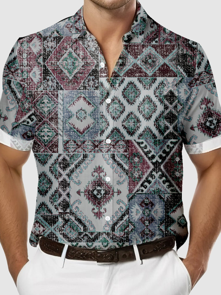 Men's Patchwork Aztec Print Short Sleeve Shirt, mens short sleeve shirts£¬big and tall mens shirts£¬short sleeve shirts for men£¬mens 4xl shirts£¬casual short sleeve shirts