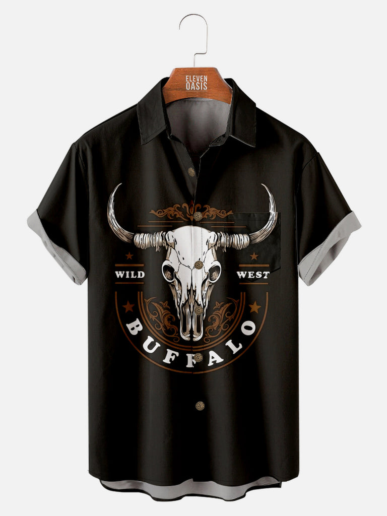 Men's Wild West Buffalo Skull Short Sleeve Shirt, mens short sleeve shirts¡ê?big and tall mens shirts¡ê?short sleeve shirts for men¡ê?mens 4xl shirts¡ê?casual short sleeve shirts