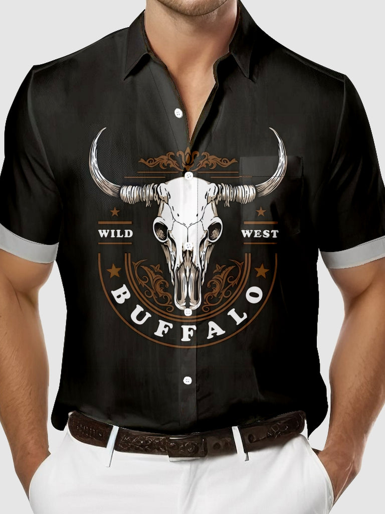 Men's Wild West Buffalo Skull Short Sleeve Shirt, mens short sleeve shirts¡ê?big and tall mens shirts¡ê?short sleeve shirts for men¡ê?mens 4xl shirts¡ê?casual short sleeve shirts