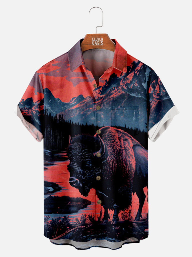 Men's Painted Sunset Scenery with Buffalo Enjoying Lake Short Sleeve Shirt, mens short sleeve shirts¡ê?big and tall mens shirts¡ê?short sleeve shirts for men¡ê?mens 4xl shirts¡ê?casual short sleeve shirts