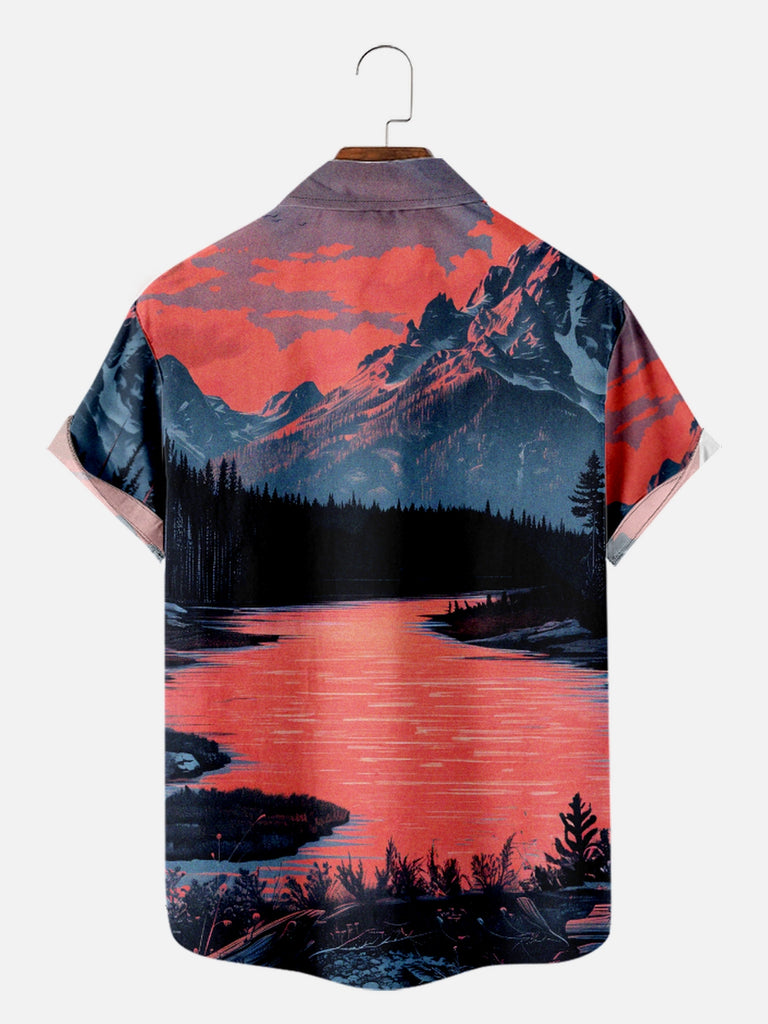 Men's Painted Sunset Scenery with Buffalo Enjoying Lake Short Sleeve Shirt, mens short sleeve shirts£¬big and tall mens shirts£¬short sleeve shirts for men£¬mens 4xl shirts£¬casual short sleeve shirts