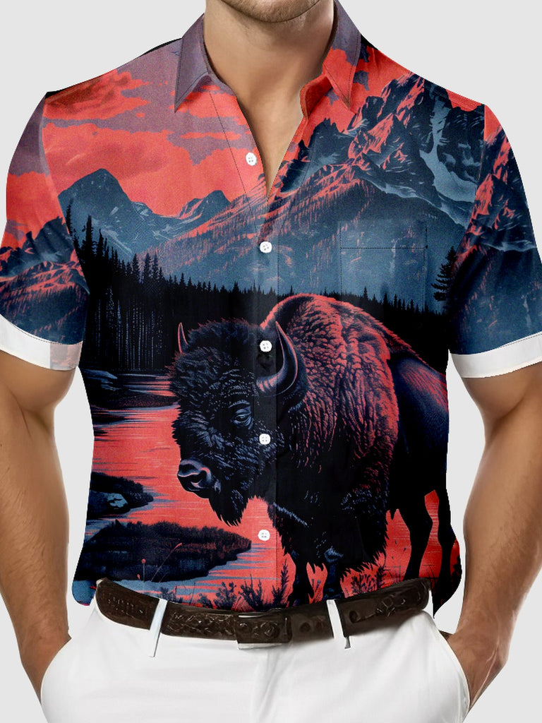 Men's Painted Sunset Scenery with Buffalo Enjoying Lake Short Sleeve Shirt, mens short sleeve shirts£¬big and tall mens shirts£¬short sleeve shirts for men£¬mens 4xl shirts£¬casual short sleeve shirts