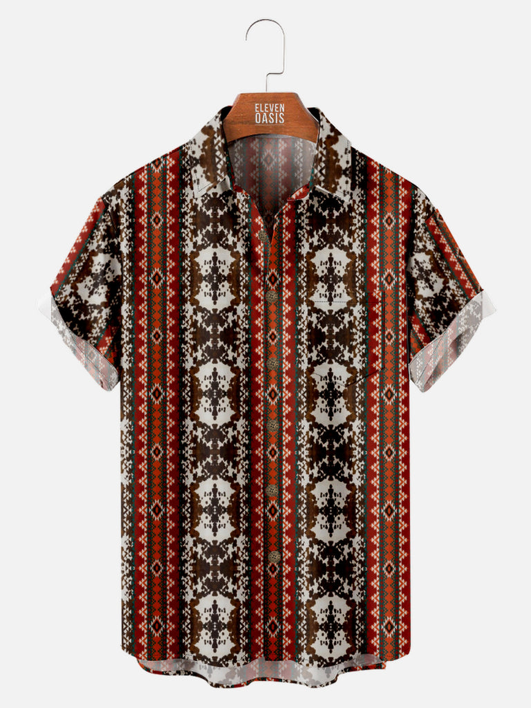 Men's Western Aztec Print Striped Short Sleeve Shirt, mens short sleeve shirts£¬big and tall mens shirts£¬short sleeve shirts for men£¬mens 4xl shirts£¬casual short sleeve shirts