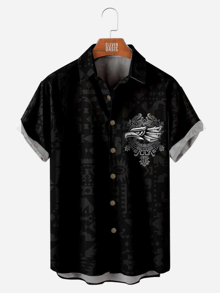 Men's Western Aztec Print Eagle Chest Badge Short Sleeve Shirt, mens short sleeve shirts£¬big and tall mens shirts£¬short sleeve shirts for men£¬mens 4xl shirts£¬casual short sleeve shirts