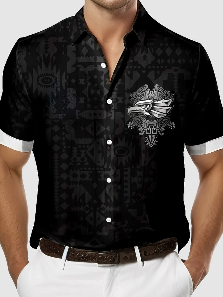 Men's Western Aztec Print Eagle Chest Badge Short Sleeve Shirt, mens short sleeve shirts¡ê?big and tall mens shirts¡ê?short sleeve shirts for men¡ê?mens 4xl shirts¡ê?casual short sleeve shirts