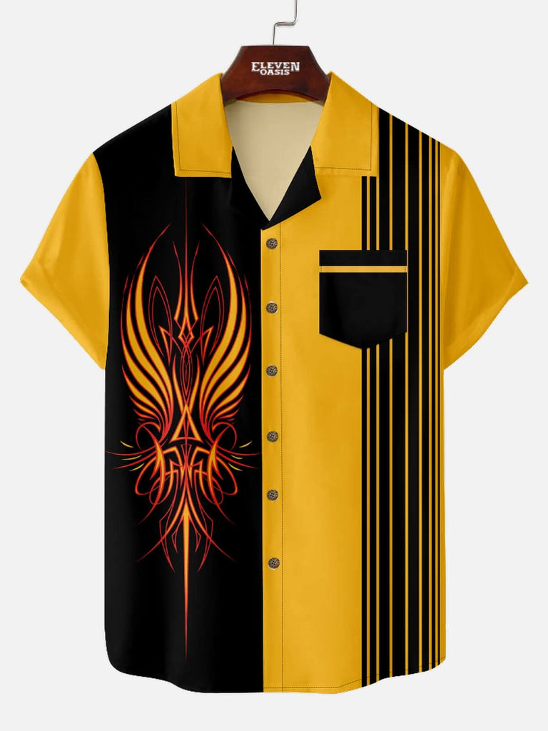 Men's hot rod camp collar short sleeve shirt with yellow and hotrod print