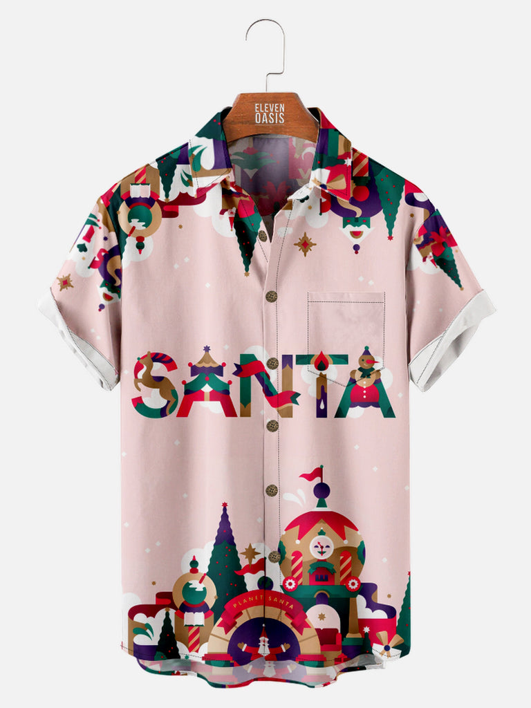 Men's Santa and Decorations Short Sleeve Shirt with Chest PocketMens short sleeve shirts Big and tall Mens shirts Short sleeve shirts for men Mens 4xl shirts Casual short sleeve shirts