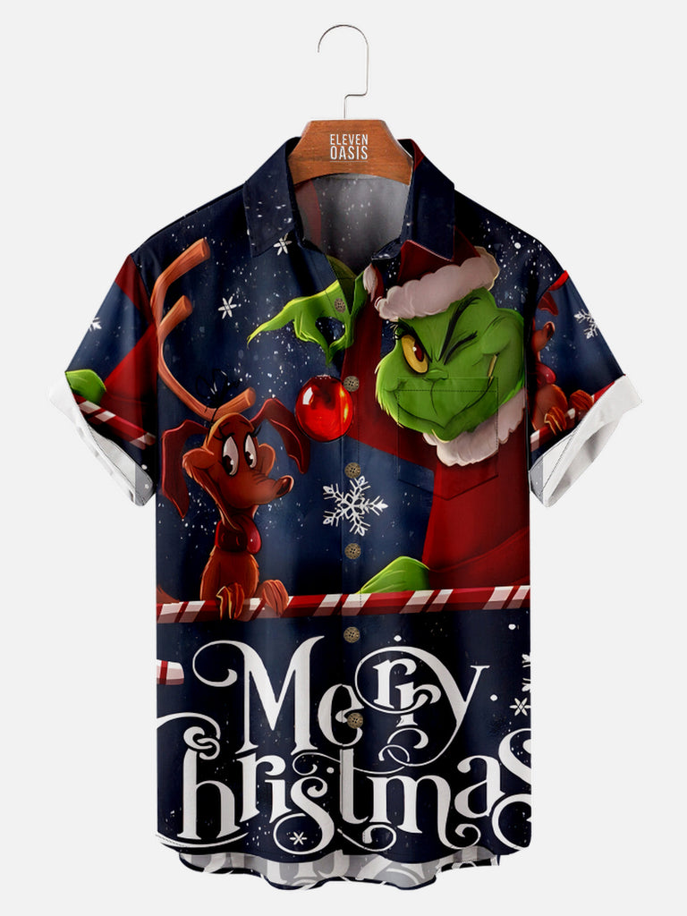 Men's Merry Christmas with Grinch and Dog Short Sleeve ShirtMens short sleeve shirts Big and tall Mens shirts Short sleeve shirts for men Mens 4xl shirts Casual short sleeve shirts