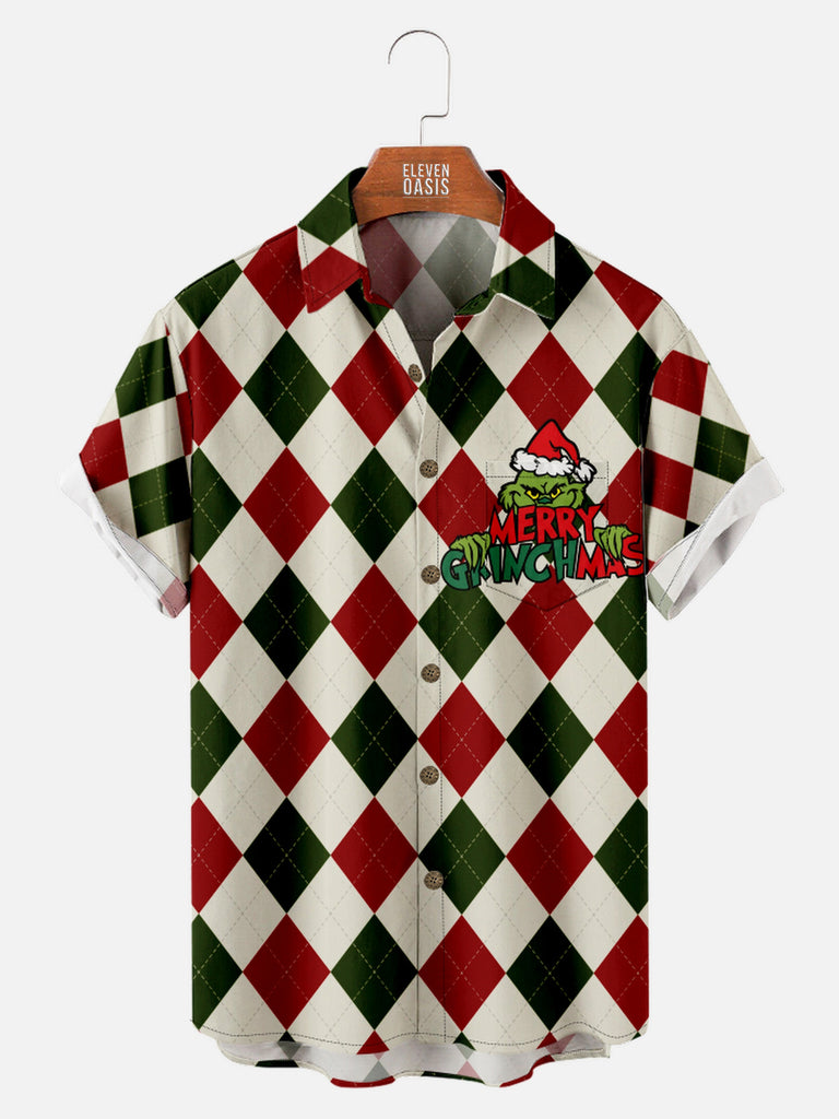 Men's Checkered Merry Grinchmas Grinch Christmas Short Sleeve Shirt with Chest PocketMens short sleeve shirts Big and tall Mens shirts Short sleeve shirts for men Mens 4xl shirts Casual short sleeve shirts