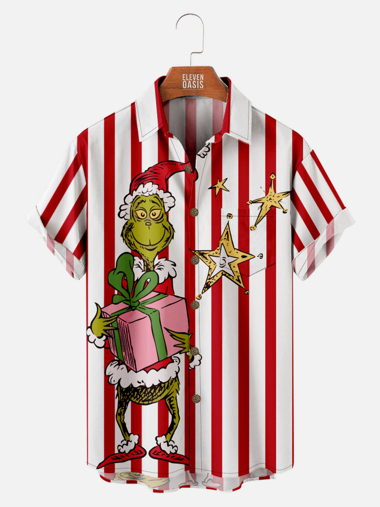 Men's Stripes with Grinch Holding a Present Short Sleeve Shirt with Chest PocketMens short sleeve shirts Big and tall Mens shirts Short sleeve shirts for men Mens 4xl shirts Casual short sleeve shirts