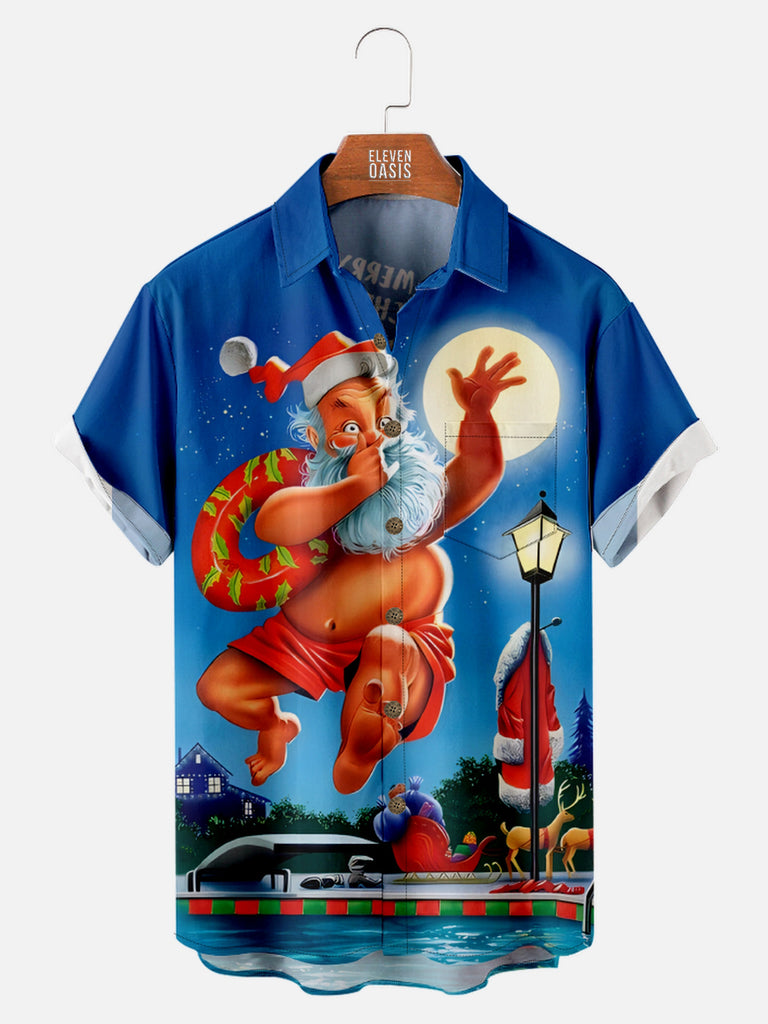 Men's Christmas Santa Taking a Break and having a Swim Short Sleeve Shirt with Chest PocketMens short sleeve shirts Big and tall Mens shirts Short sleeve shirts for men Mens 4xl shirts Casual short sleeve shirts