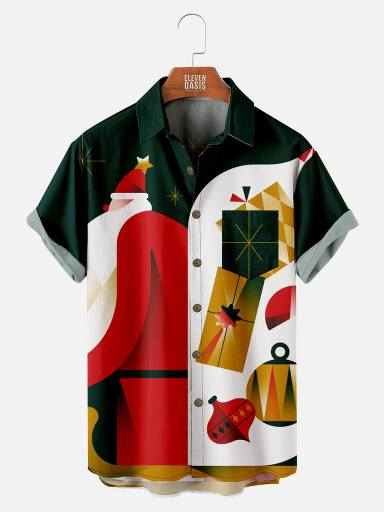 Men's Christmas Abstract Art Santa Presents and Decorations Short Sleeve Shirt with Chest PocketMens short sleeve shirts Big and tall Mens shirts Short sleeve shirts for men Mens 4xl shirts Casual short sleeve shirts