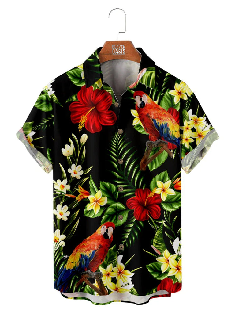 Men's Parrot Hawaiian Floral Foliage Leaf Print Short Sleeve ShirtMens short sleeve shirts Big and tall Mens shirts Short sleeve shirts for men Mens 4xl shirts Casual short sleeve shirts