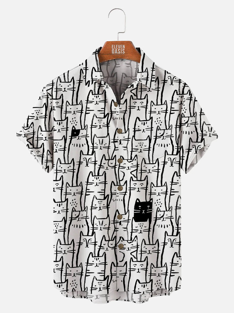 Black and White Cat Pattern Men's Short Sleeve TopMens short sleeve shirts Big and tall Mens shirts Short sleeve shirts for men Mens 4xl shirts Casual short sleeve shirts