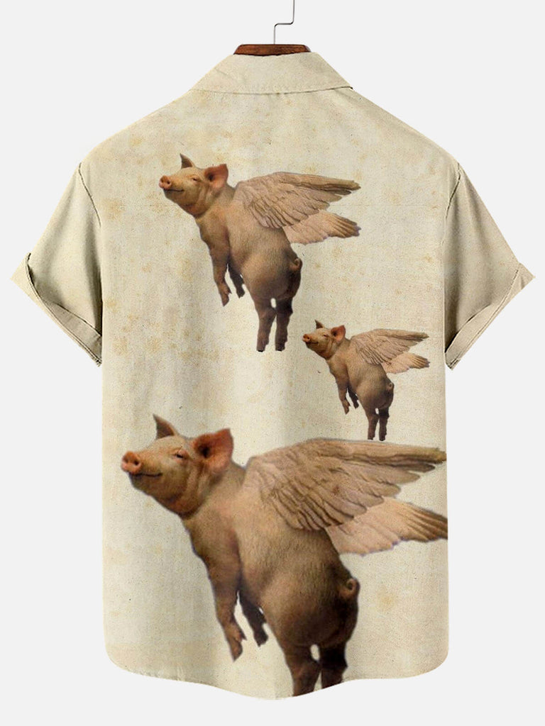 Fun Flying Pig Print Short Sleeve ShirtMens short sleeve shirts Big and tall Mens shirts Short sleeve shirts for men Mens 4xl shirts Casual short sleeve shirts