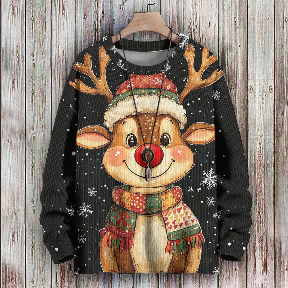 Happy Red-Nosed Reindeer with a Santa Hat Knitted Sweatshirt, mens short sleeve shirts¡ê?big and tall mens shirts¡ê?short sleeve shirts for men¡ê?mens 4xl shirts¡ê?casual short sleeve shirts