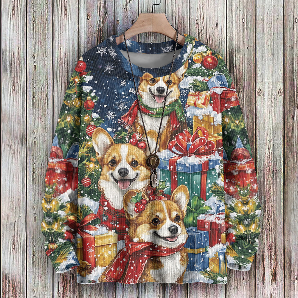 Happiest Christmas Corgis Surrounded by Presents Knitted Sweatshirt, mens short sleeve shirts¡ê?big and tall mens shirts¡ê?short sleeve shirts for men¡ê?mens 4xl shirts¡ê?casual short sleeve shirts