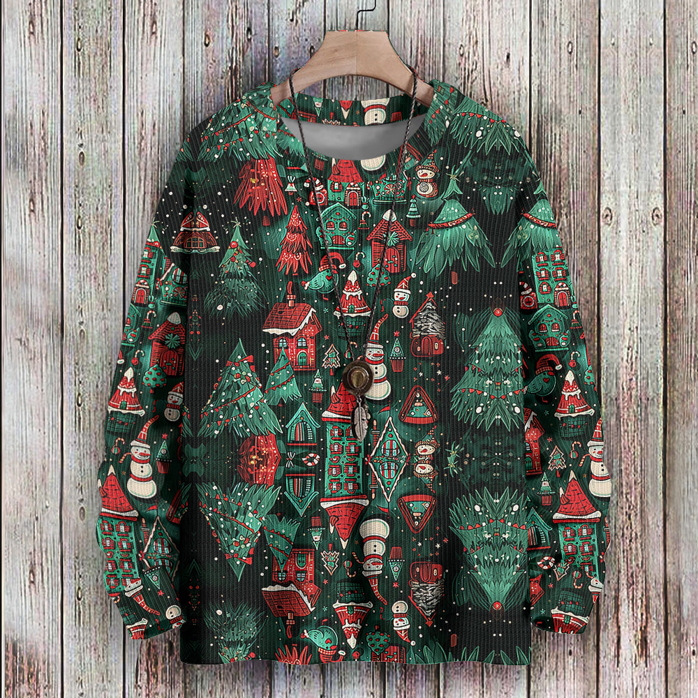 Mirror Image Christmas Trees and Snowmen Knitted Crewneck Sweatshirt, mens short sleeve shirts¡ê?big and tall mens shirts¡ê?short sleeve shirts for men¡ê?mens 4xl shirts¡ê?casual short sleeve shirts