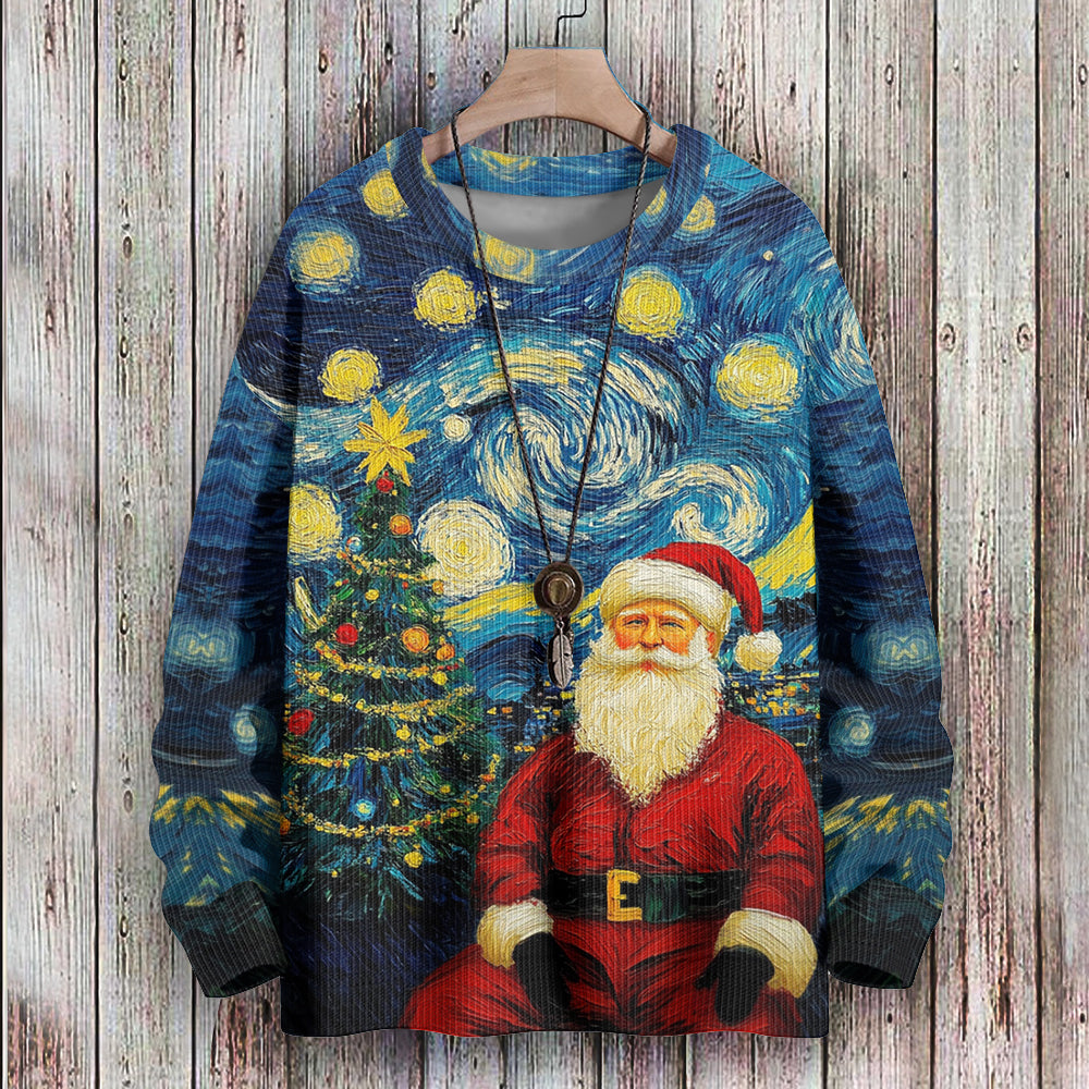 Portrait of Santa and Christmas Tree in Van Gogh Style Knitted Sweater, mens short sleeve shirts¡ê?big and tall mens shirts¡ê?short sleeve shirts for men¡ê?mens 4xl shirts¡ê?casual short sleeve shirts