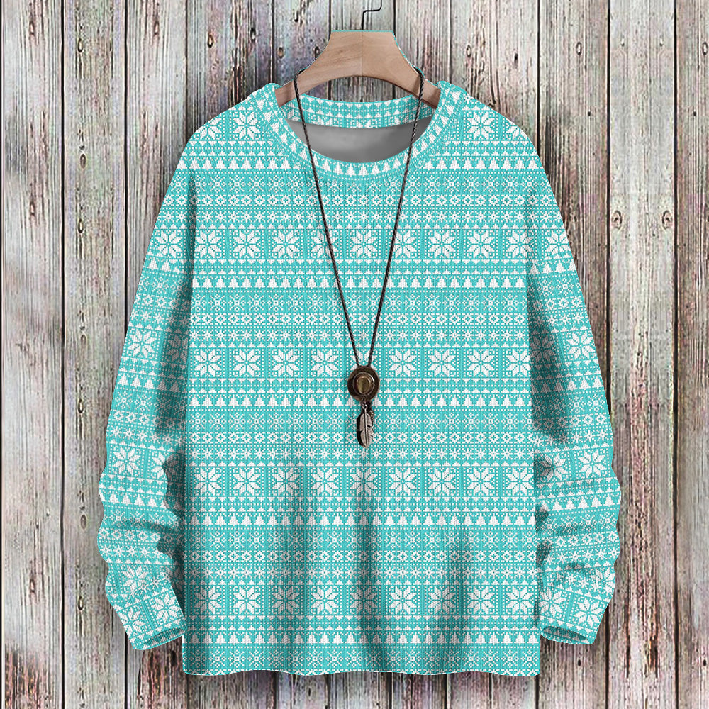 Light Blue Snowflake Christmas Pattern Knitted Crewneck Sweatshirt, mens short sleeve shirts¡ê?big and tall mens shirts¡ê?short sleeve shirts for men¡ê?mens 4xl shirts¡ê?casual short sleeve shirts