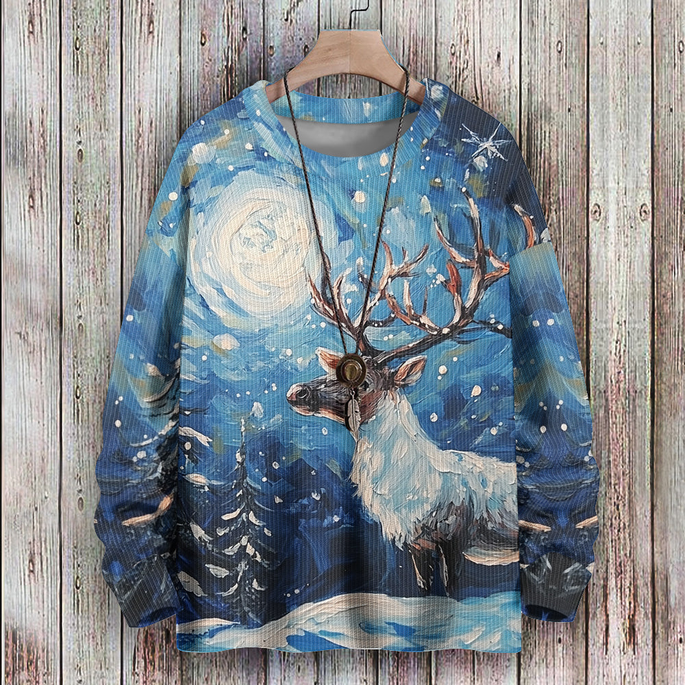 Hand Painted Reindeer Gazing at the Moon Snowscape Knitted Sweatshirt, mens short sleeve shirts¡ê?big and tall mens shirts¡ê?short sleeve shirts for men¡ê?mens 4xl shirts¡ê?casual short sleeve shirts