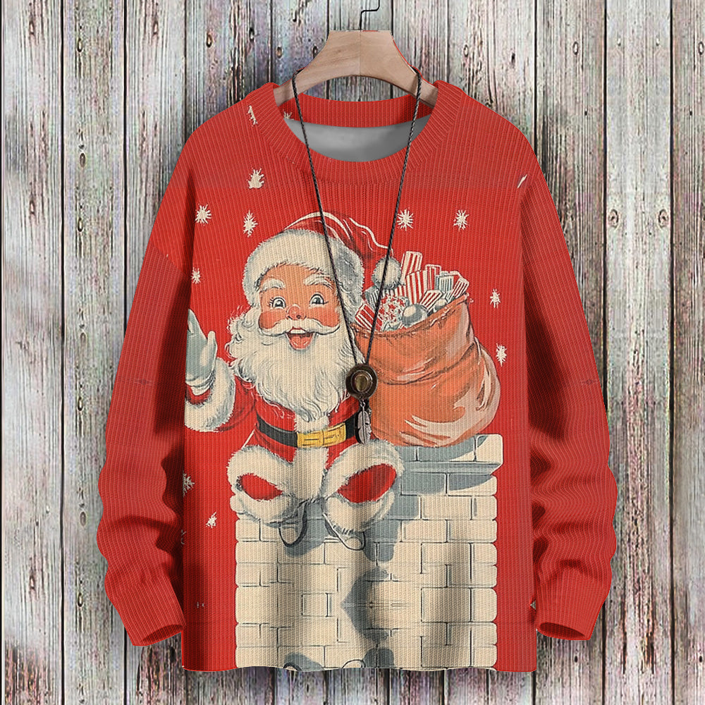 Vintage-look Santa Sitting on Chimney with Presents Knitted Sweatshirt, mens short sleeve shirts¡ê?big and tall mens shirts¡ê?short sleeve shirts for men¡ê?mens 4xl shirts¡ê?casual short sleeve shirts